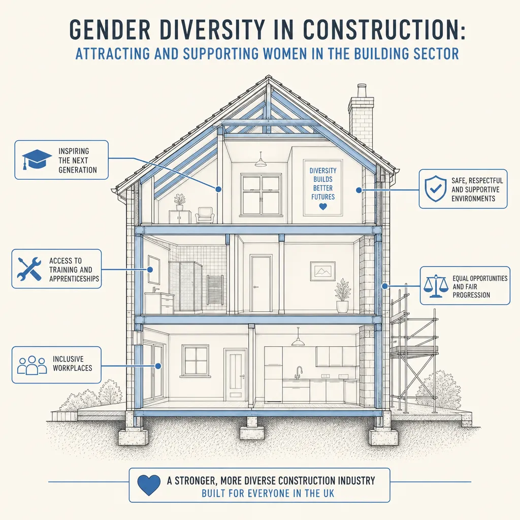Diagram illustrating: Gender Diversity in Construction: Attracting and Supporting Women in the Building Sector