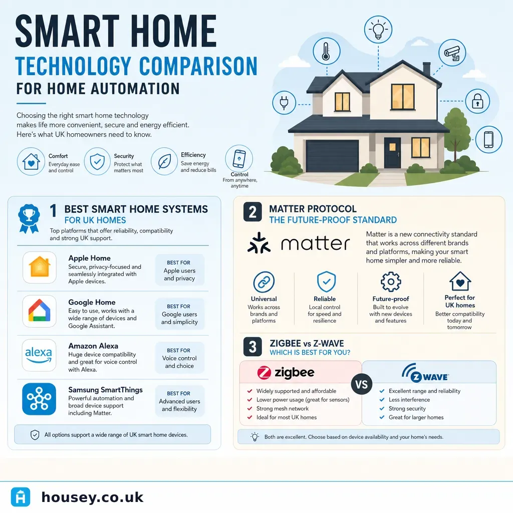 Infographic illustrating: Smart Home Technology Comparison for Home Automation