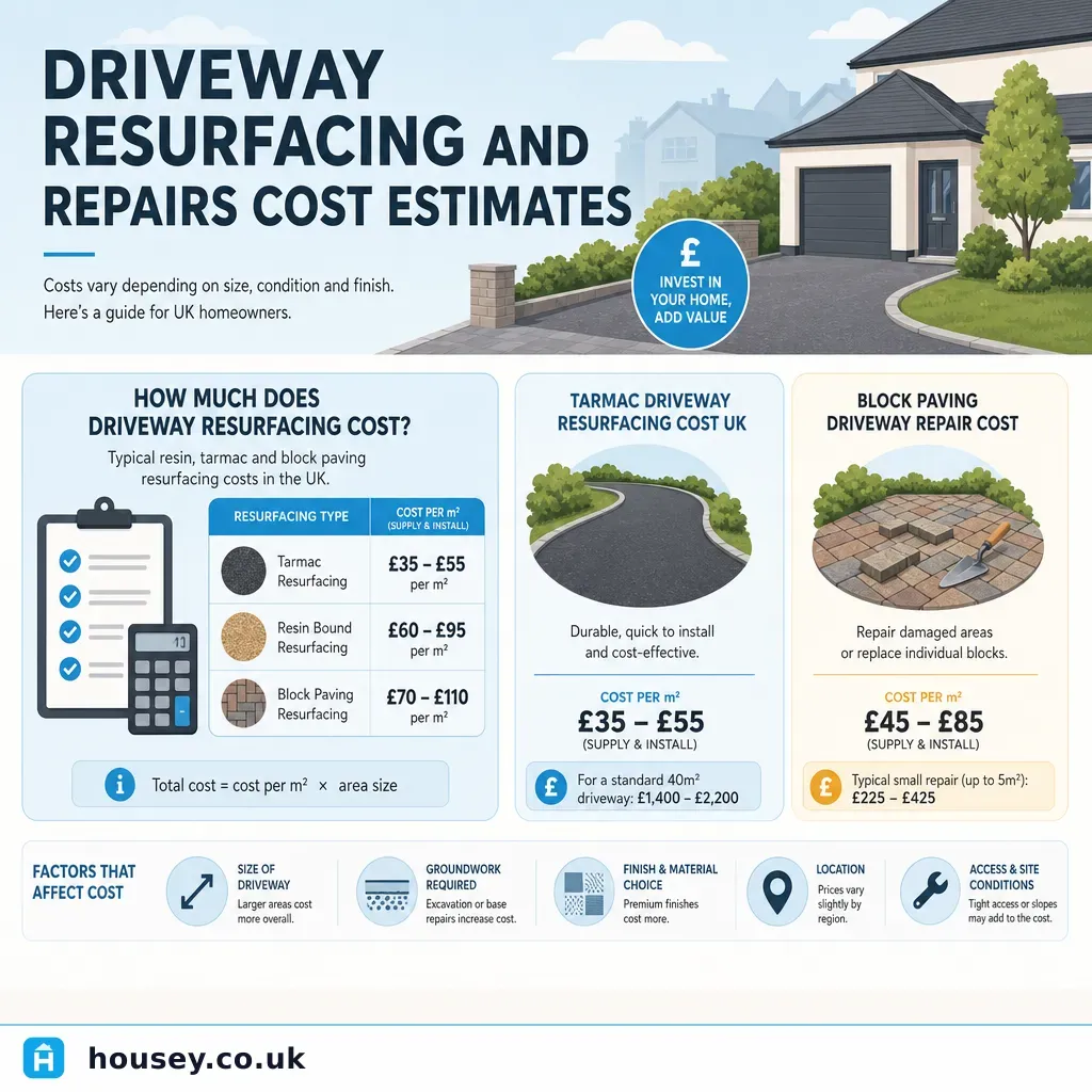 Infographic illustrating: Driveway Resurfacing and Repairs Cost Estimates