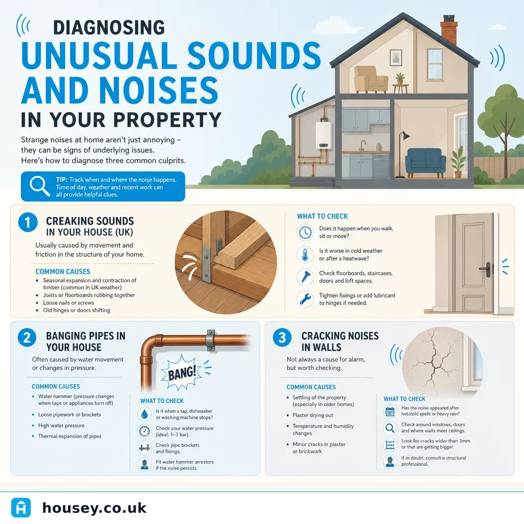 Infographic illustrating: Diagnosing Unusual Sounds and Noises in Your Property