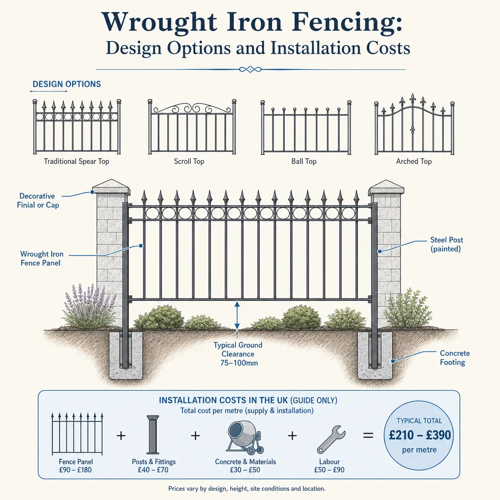 Diagram illustrating: Wrought Iron Fencing: Design Options and Installation Costs