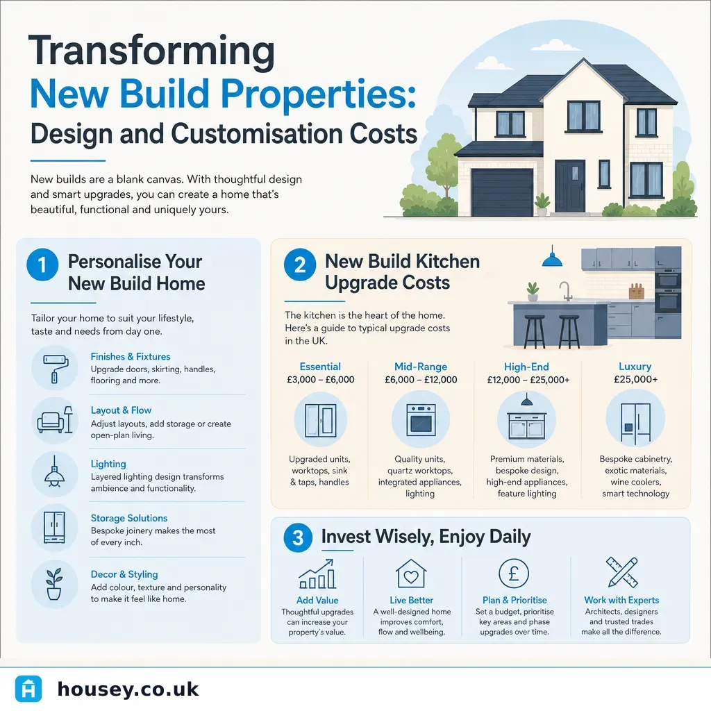 Infographic illustrating: Transforming New Build Properties: Design and Customisation Costs
