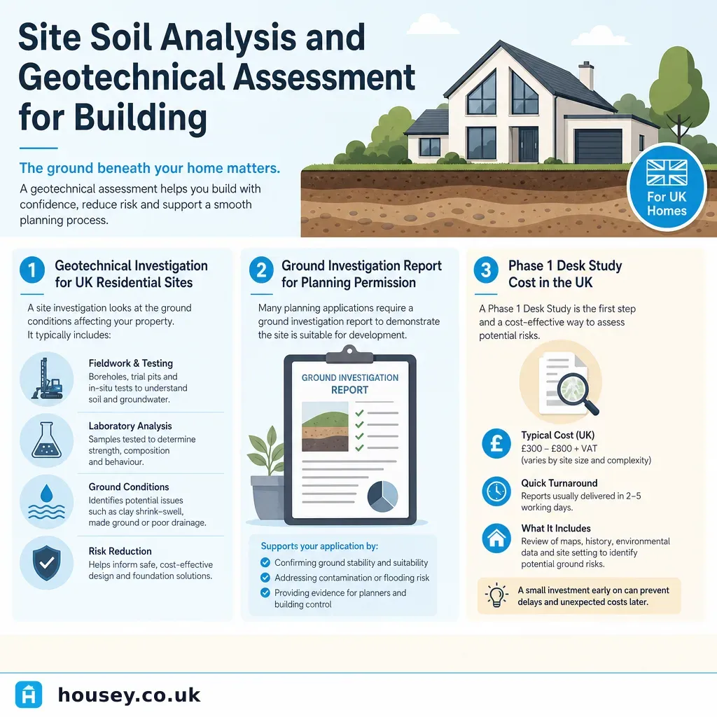 Infographic illustrating: Site Soil Analysis and Geotechnical Assessment for Building