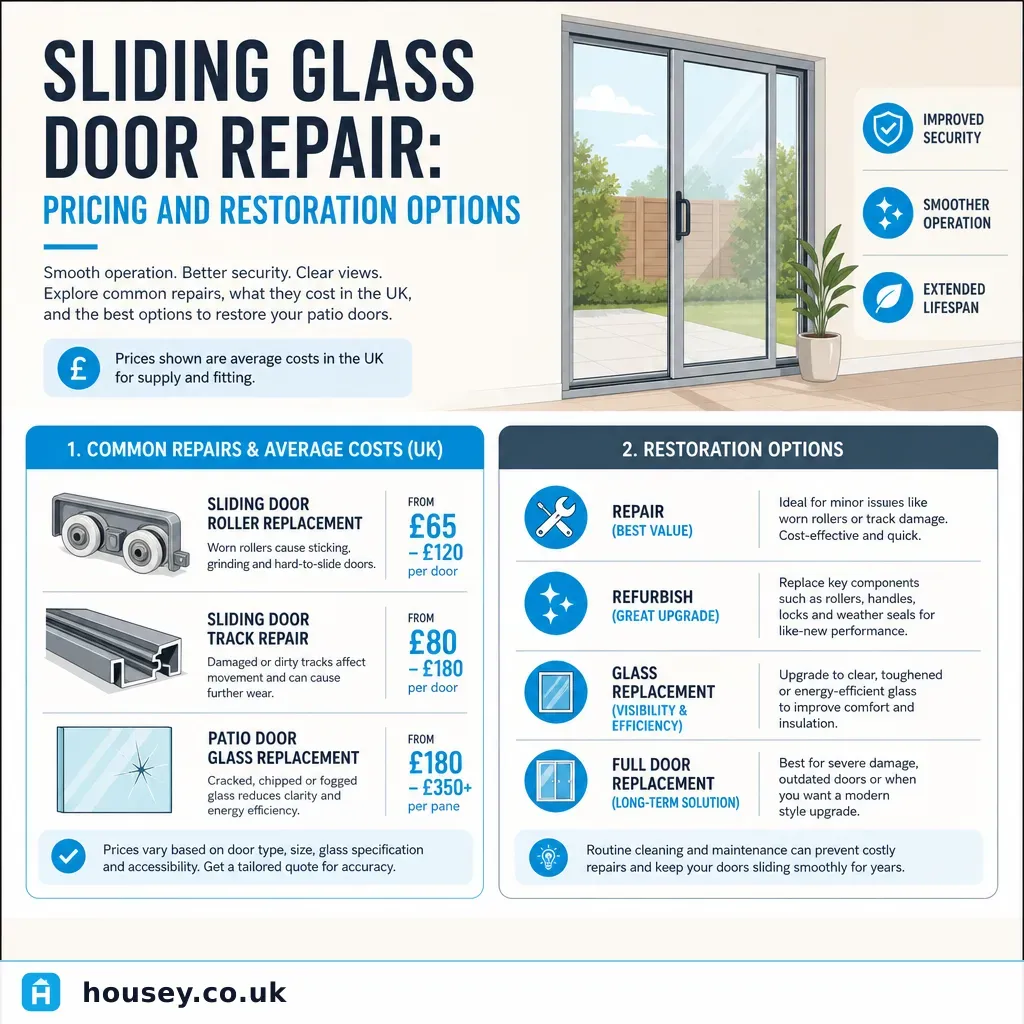 Infographic illustrating: Sliding glass door repair: pricing and restoration options