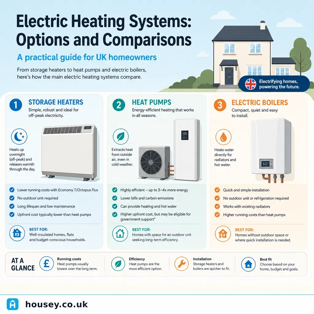 Infographic illustrating: Electric Heating Systems: Options and Comparisons