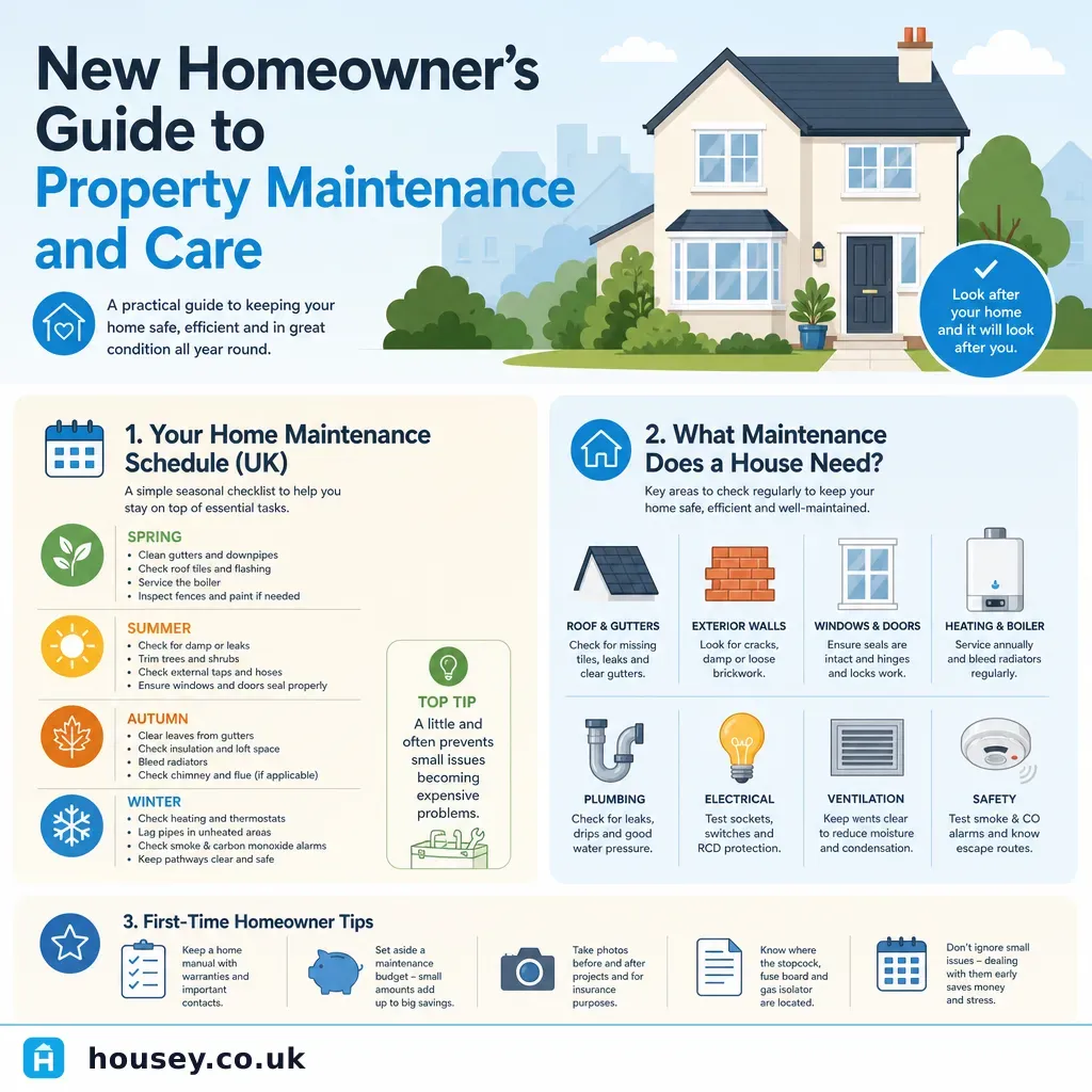 Infographic illustrating: New Homeowner's Guide to Property Maintenance and Care