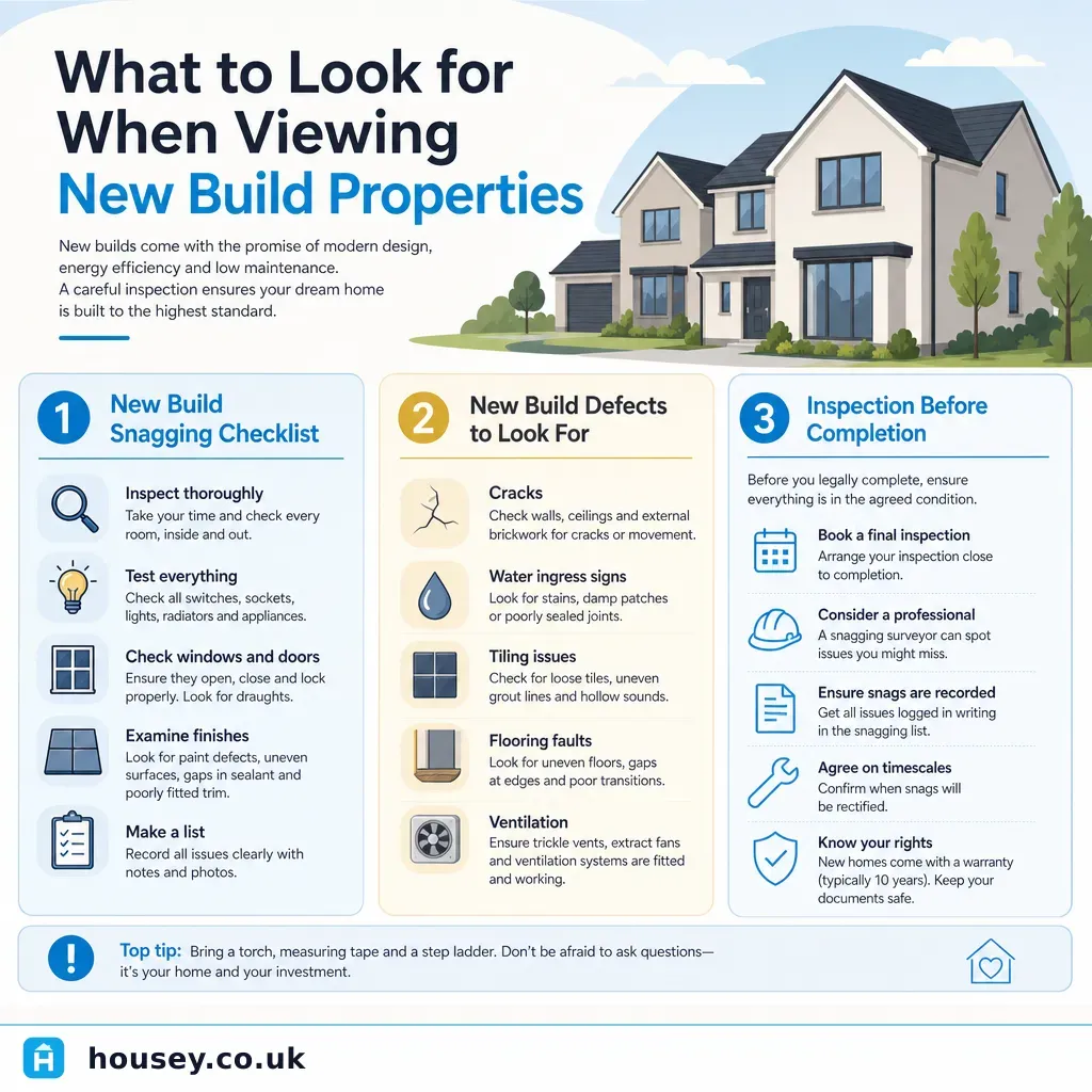 Infographic illustrating: What to Look for When Viewing New Build Properties