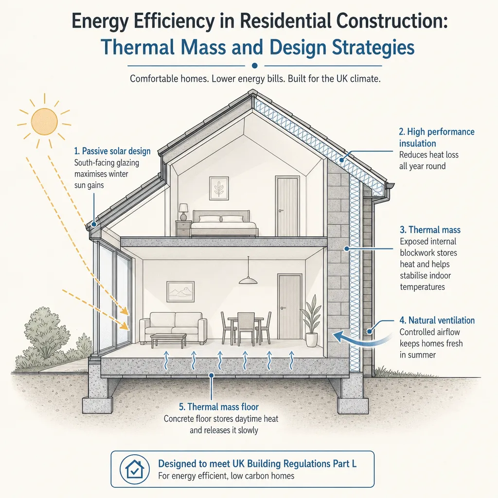 Diagram illustrating: Energy Efficiency in Residential Construction: Thermal Mass and Design Strategies