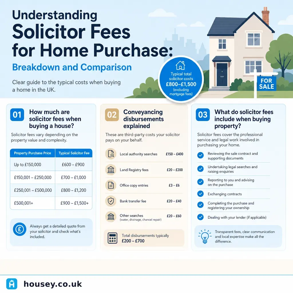 Infographic illustrating: Understanding Solicitor Fees for Home Purchase: Breakdown and Comparison