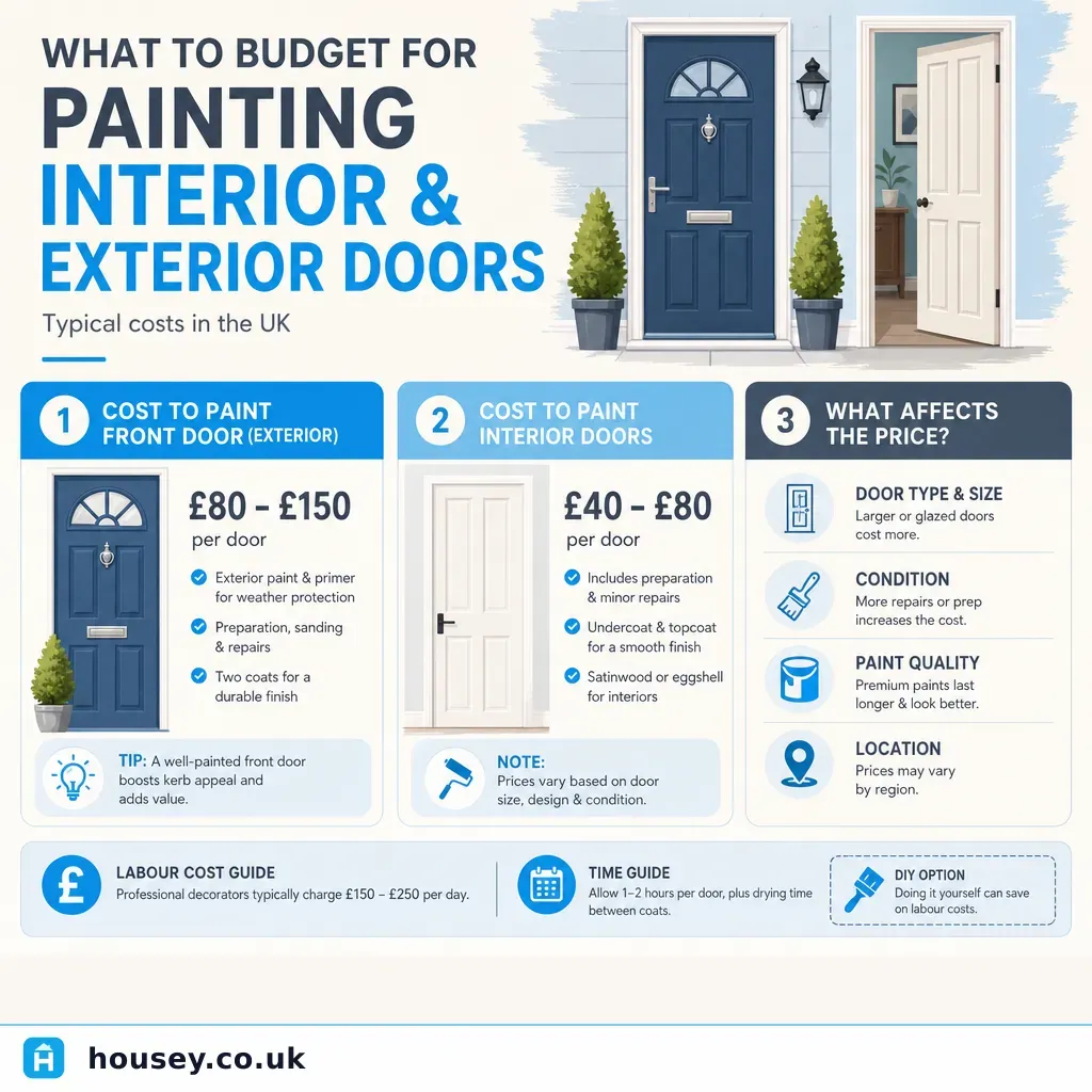 Infographic illustrating: What to Budget for Painting Interior and Exterior Doors