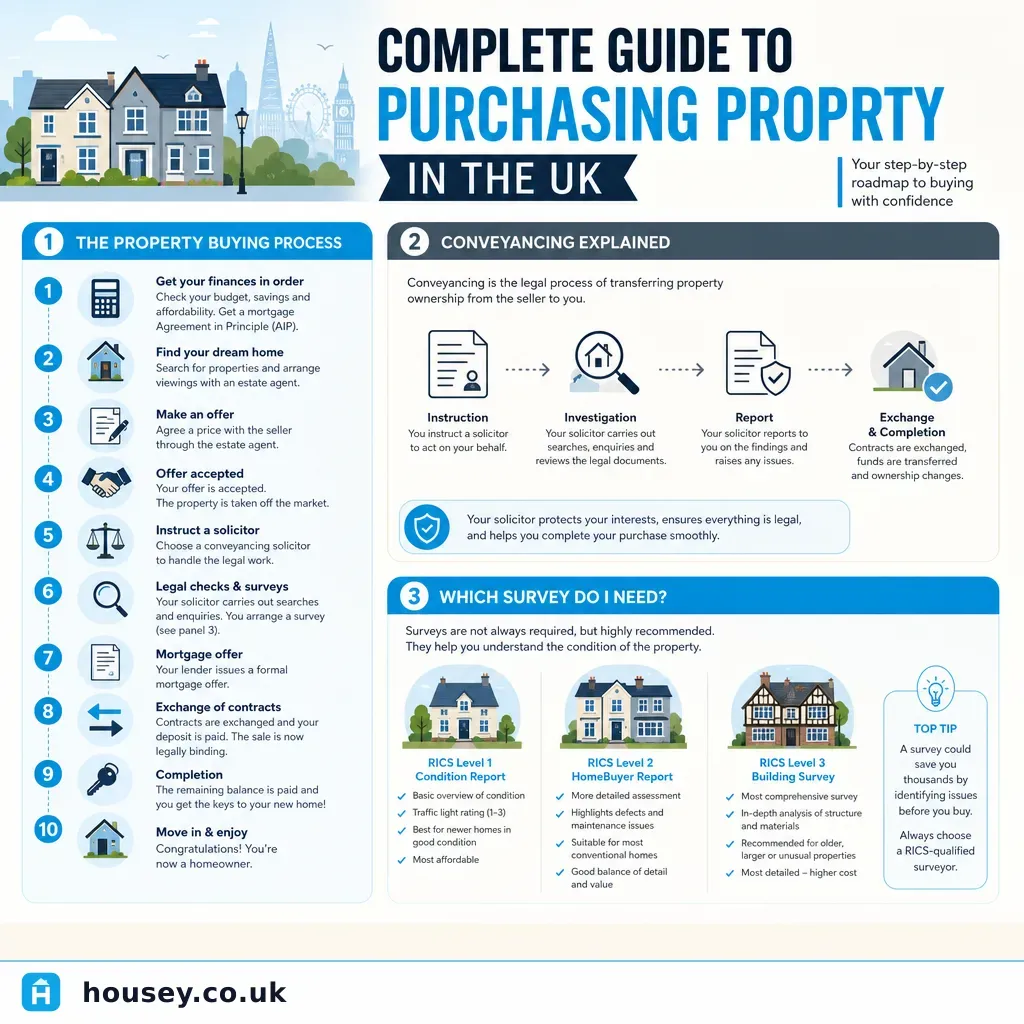 Infographic illustrating: Complete Guide to Purchasing Property in the UK