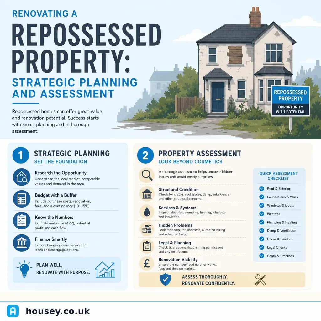 Infographic illustrating: Renovating a Repossessed Property: Strategic Planning and Assessment
