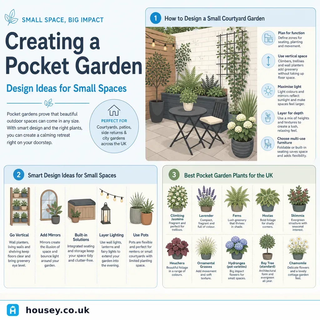 Infographic illustrating: Creating a Pocket Garden: Design Ideas for Small Spaces