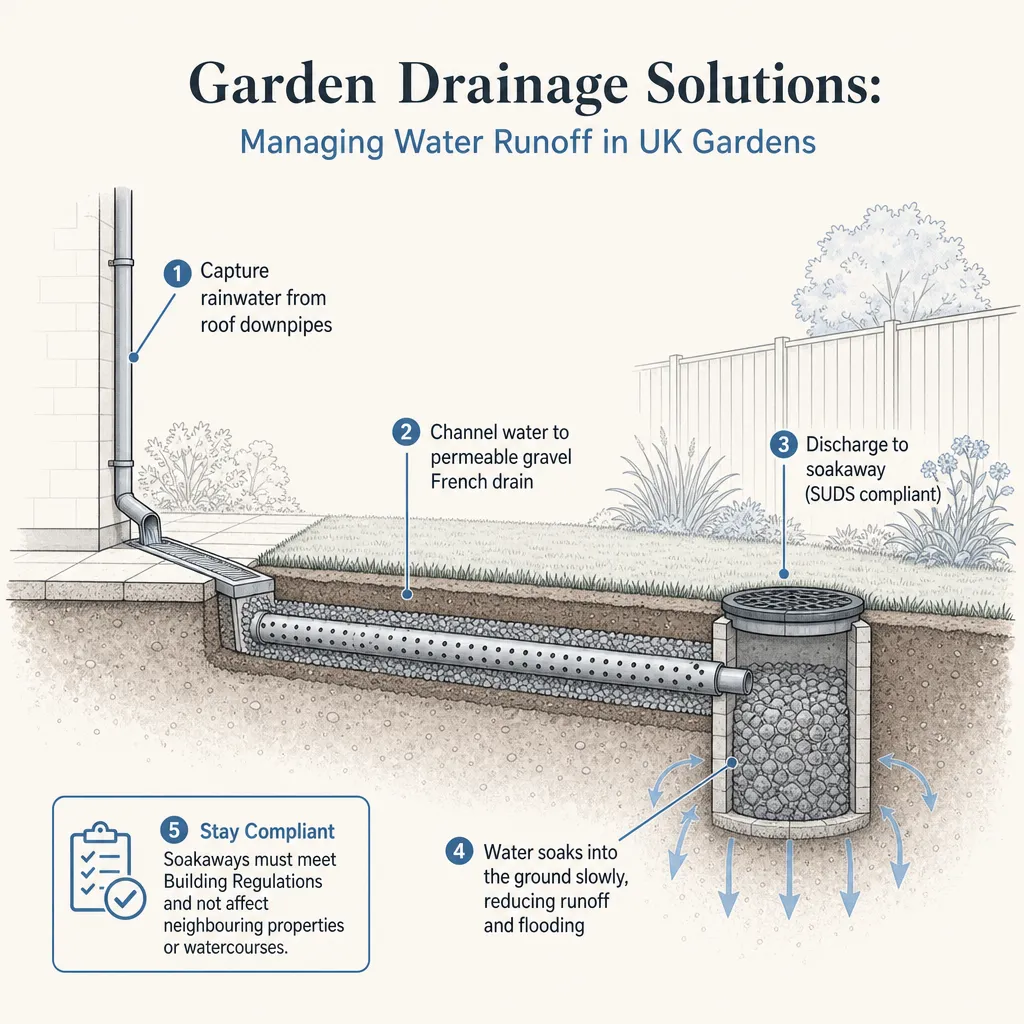 Diagram illustrating: Garden Drainage Solutions: Managing Water Runoff in UK Gardens
