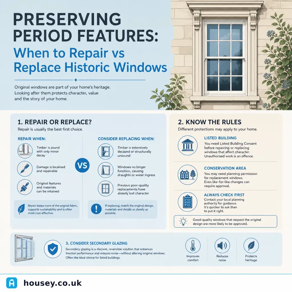 Infographic illustrating: Preserving Period Features: When to Repair vs Replace Historic Windows
