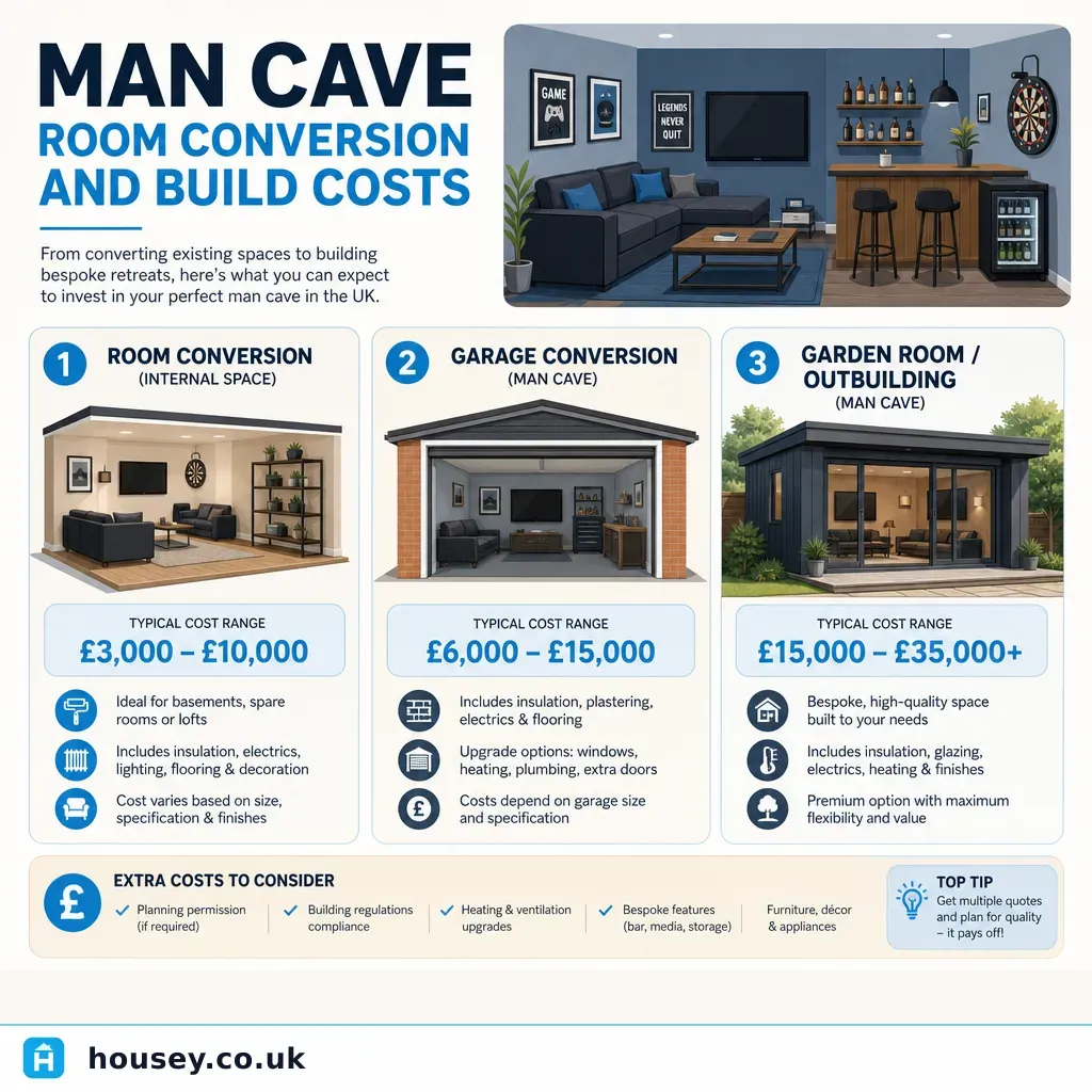 Infographic illustrating: Man Cave Room Conversion and Build Costs