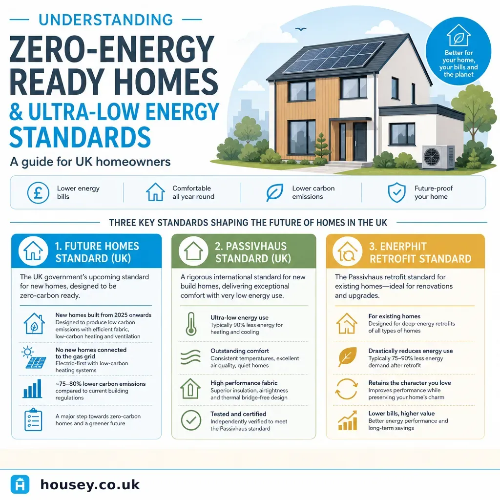 Infographic illustrating: Understanding Zero-Energy Ready Homes and Ultra-Low Energy Standards