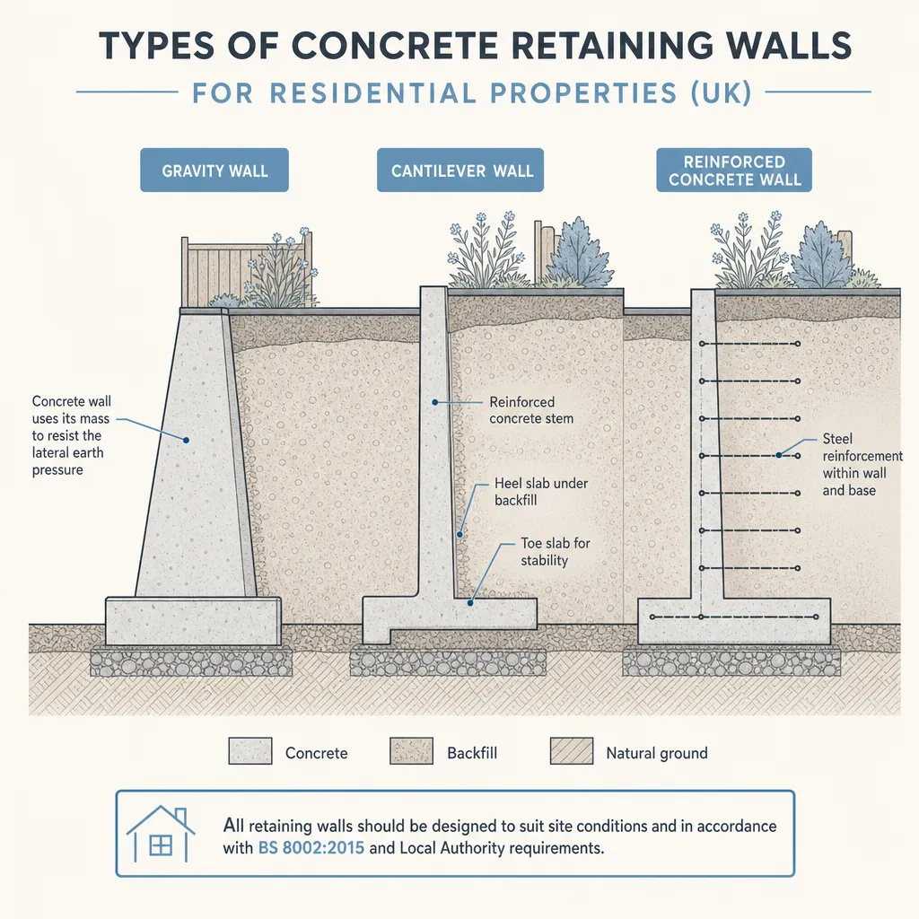 Diagram illustrating: Types of Concrete Retaining Walls for Residential Properties