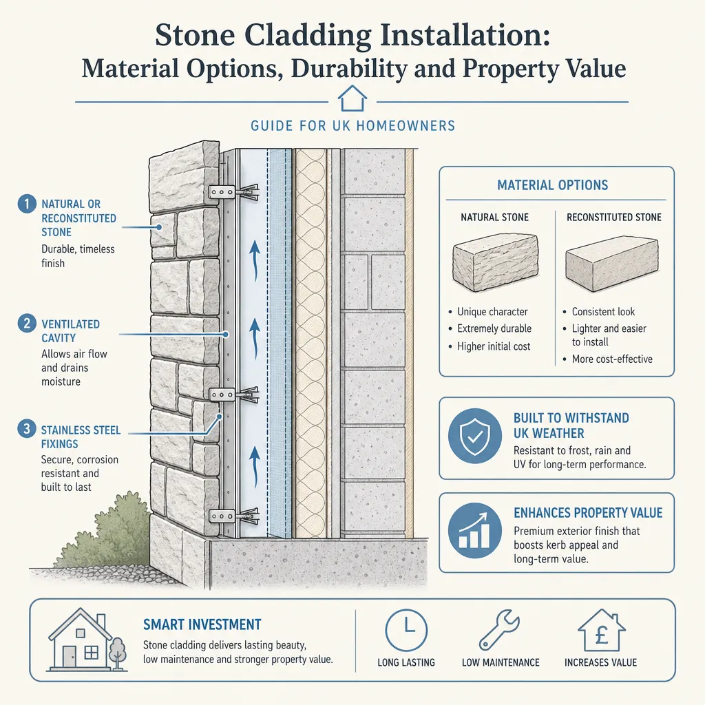 Diagram illustrating: Stone Cladding Installation: Material Options, Durability and Property Value