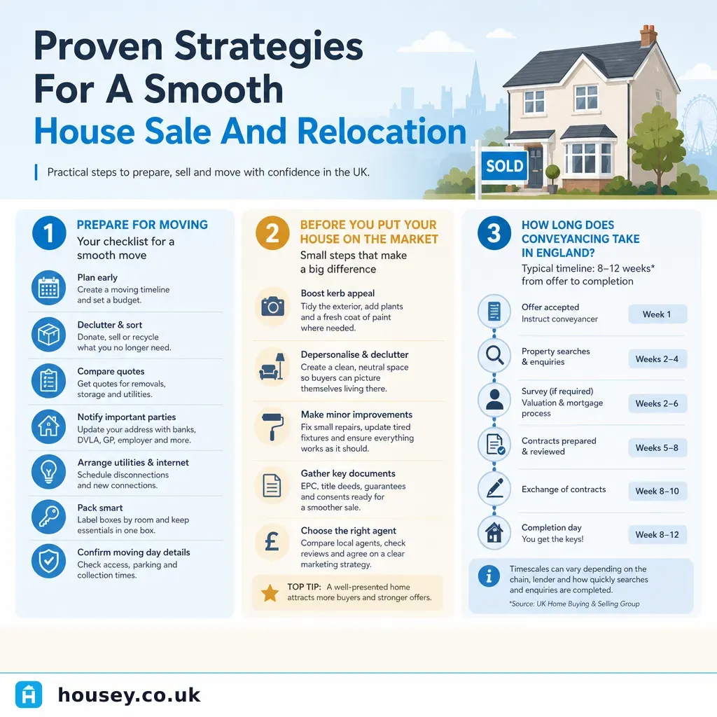 Infographic illustrating: Proven Strategies For A Smooth House Sale And Relocation