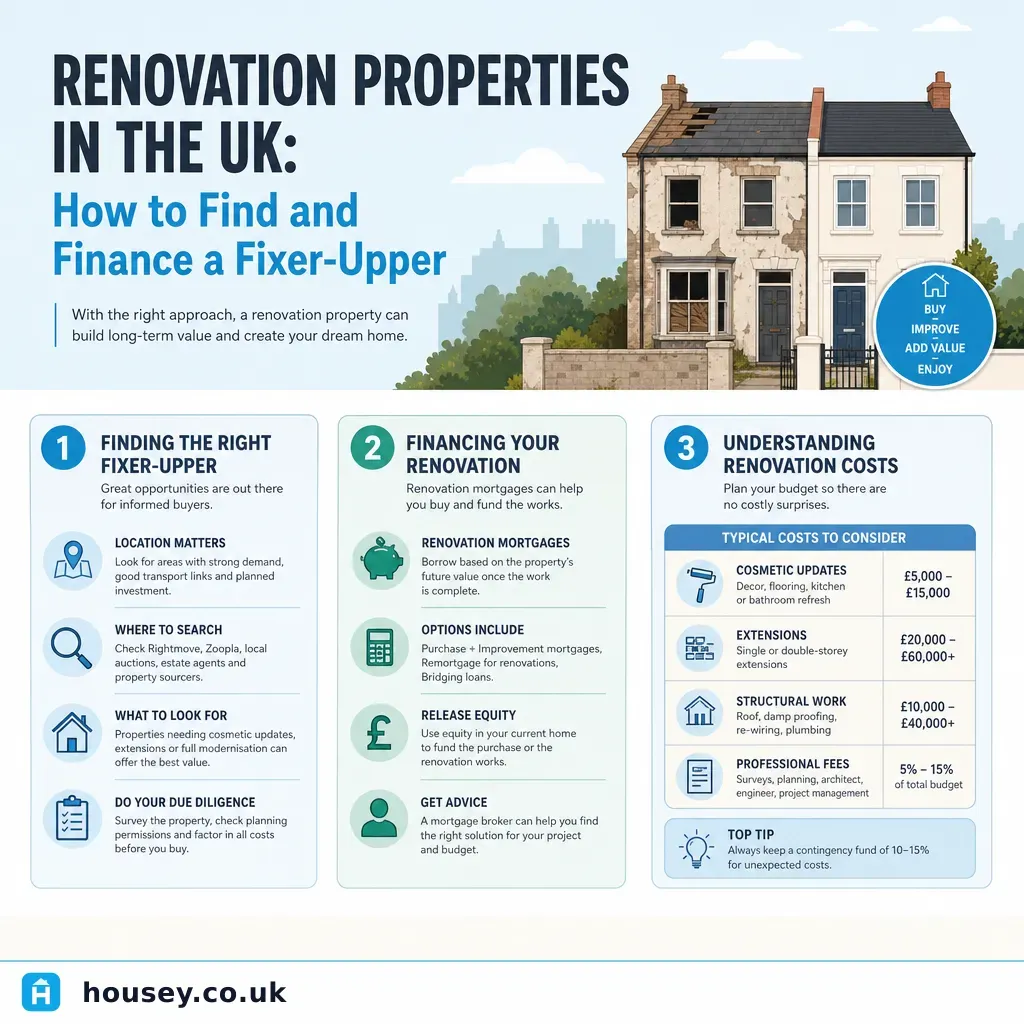 Infographic illustrating: Renovation Properties in the UK: How to Find and Finance a Fixer-Upper
