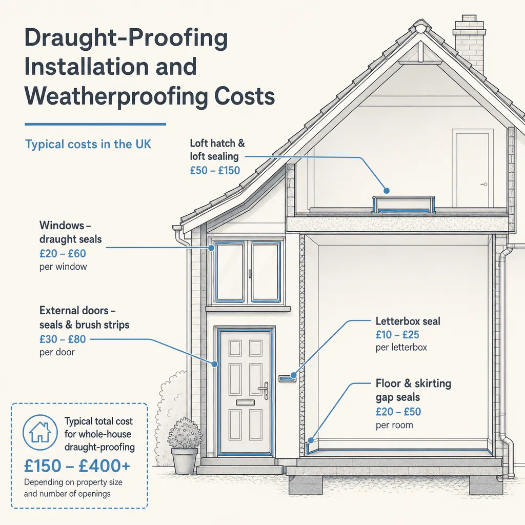 Diagram illustrating: Draught-Proofing Installation and Weatherproofing Costs