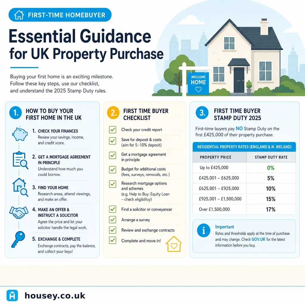 Infographic illustrating: First-Time Homebuyer: Essential Guidance for UK Property Purchase