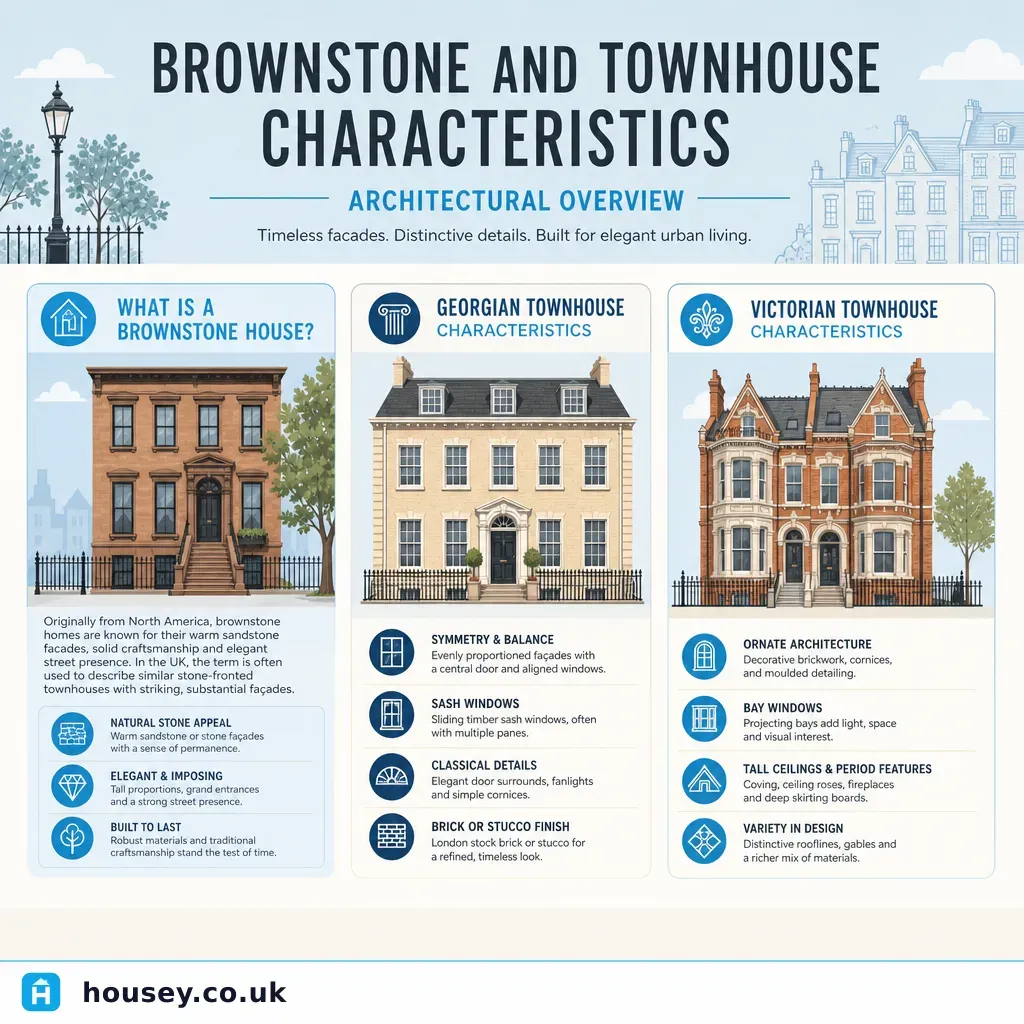Infographic illustrating: Brownstone and Townhouse Characteristics: Architectural Overview