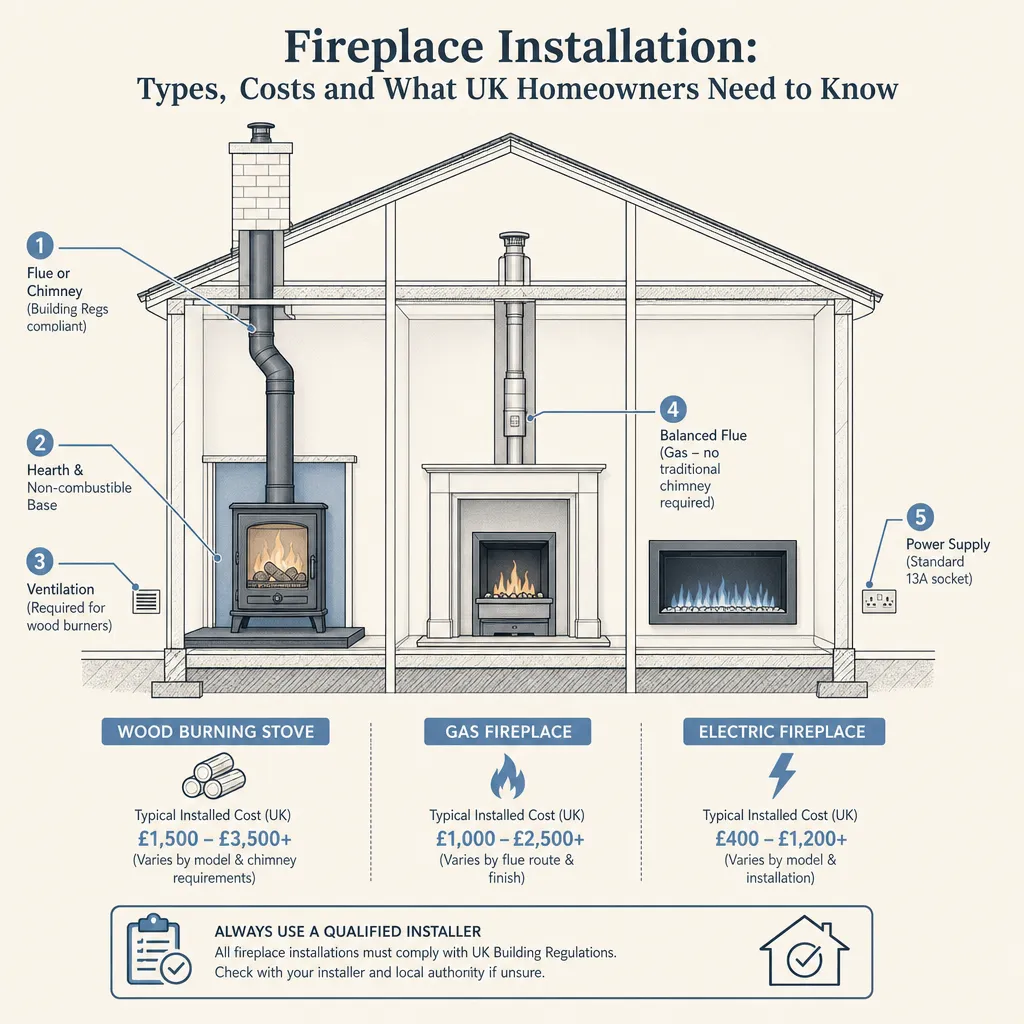 Diagram illustrating: Fireplace Installation: Types, Costs and What UK Homeowners Need to Know