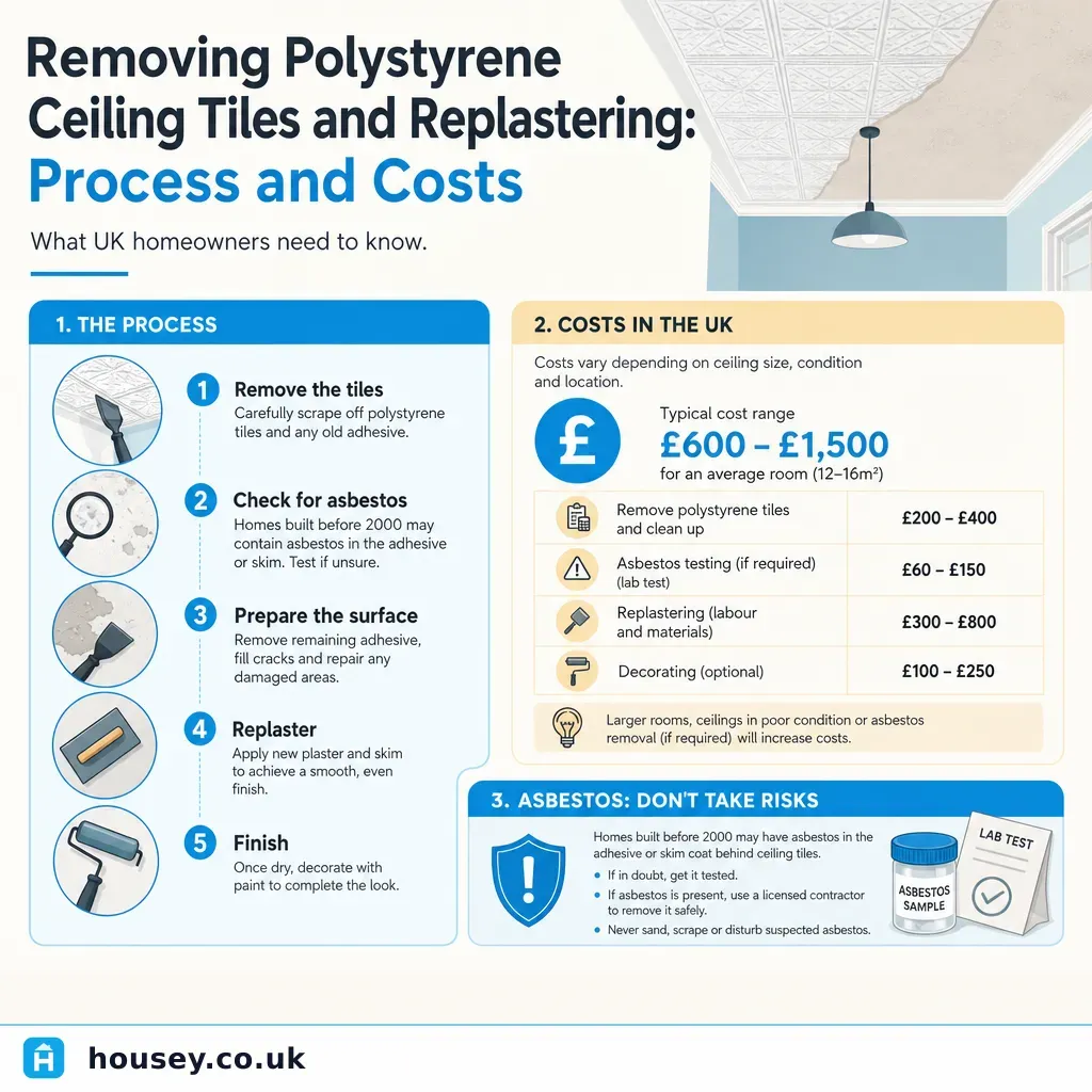 Infographic illustrating: Removing Polystyrene Ceiling Tiles and Replastering: Process and Costs