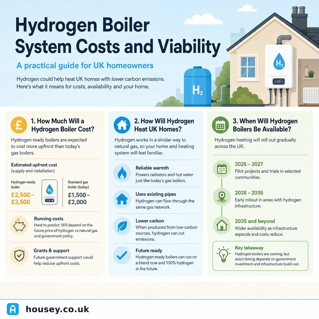 Infographic illustrating: Hydrogen Boiler System Costs and Viability