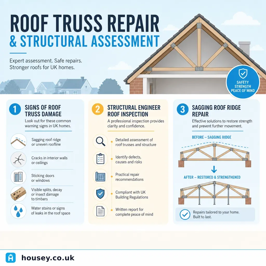 Infographic illustrating: Roof Truss Repair and Structural Assessment