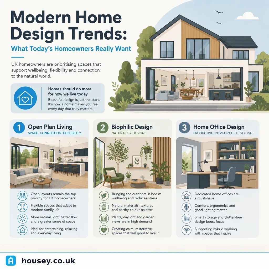 Infographic illustrating: Modern Home Design Trends: What Today's Homeowners Really Want