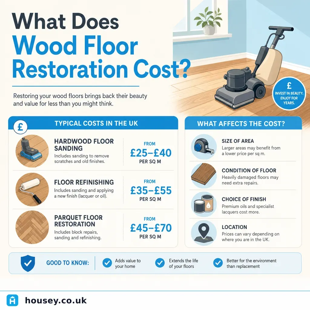 Infographic illustrating: What Does Wood Floor Restoration Cost?
