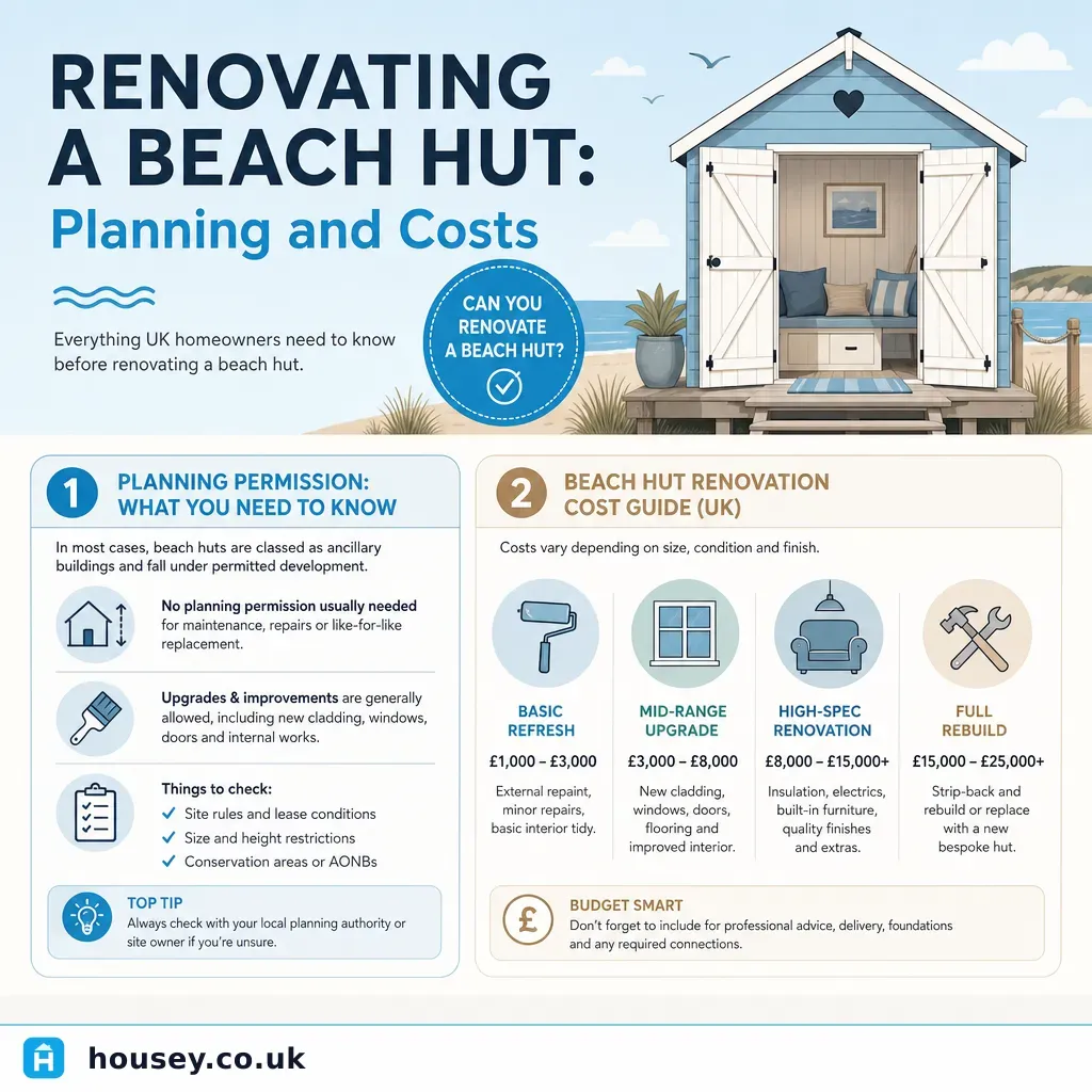 Infographic illustrating: Renovating a Beach Hut: Planning and Costs