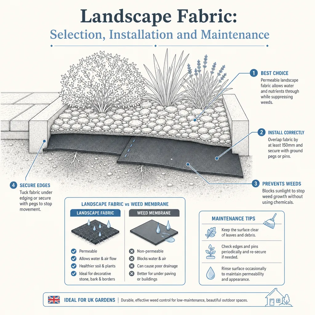 Diagram illustrating: Landscape Fabric: Selection, Installation and Maintenance