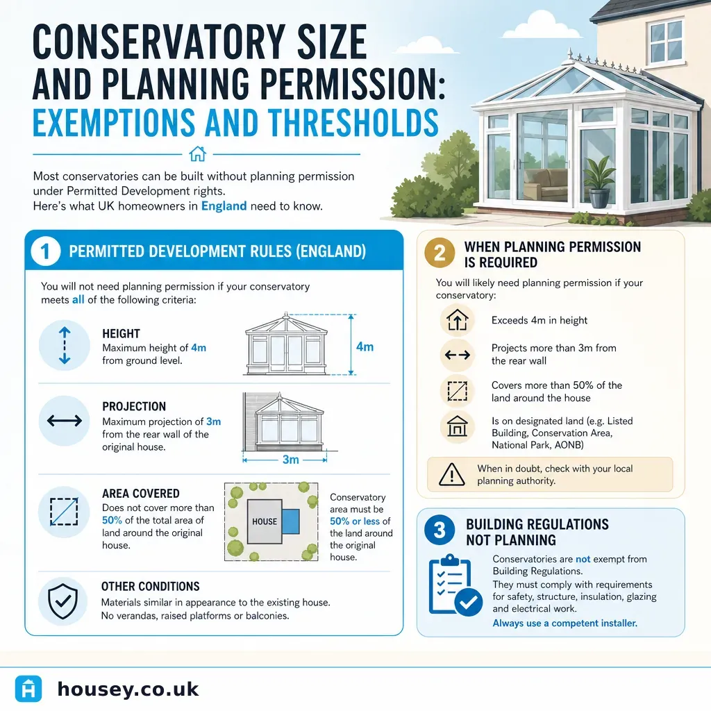 Infographic illustrating: Conservatory Size and Planning Permission: Exemptions and Thresholds