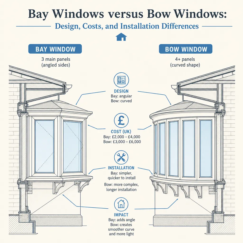 Diagram illustrating: Bay Windows versus Bow Windows: Design, Costs, and Installation Differences