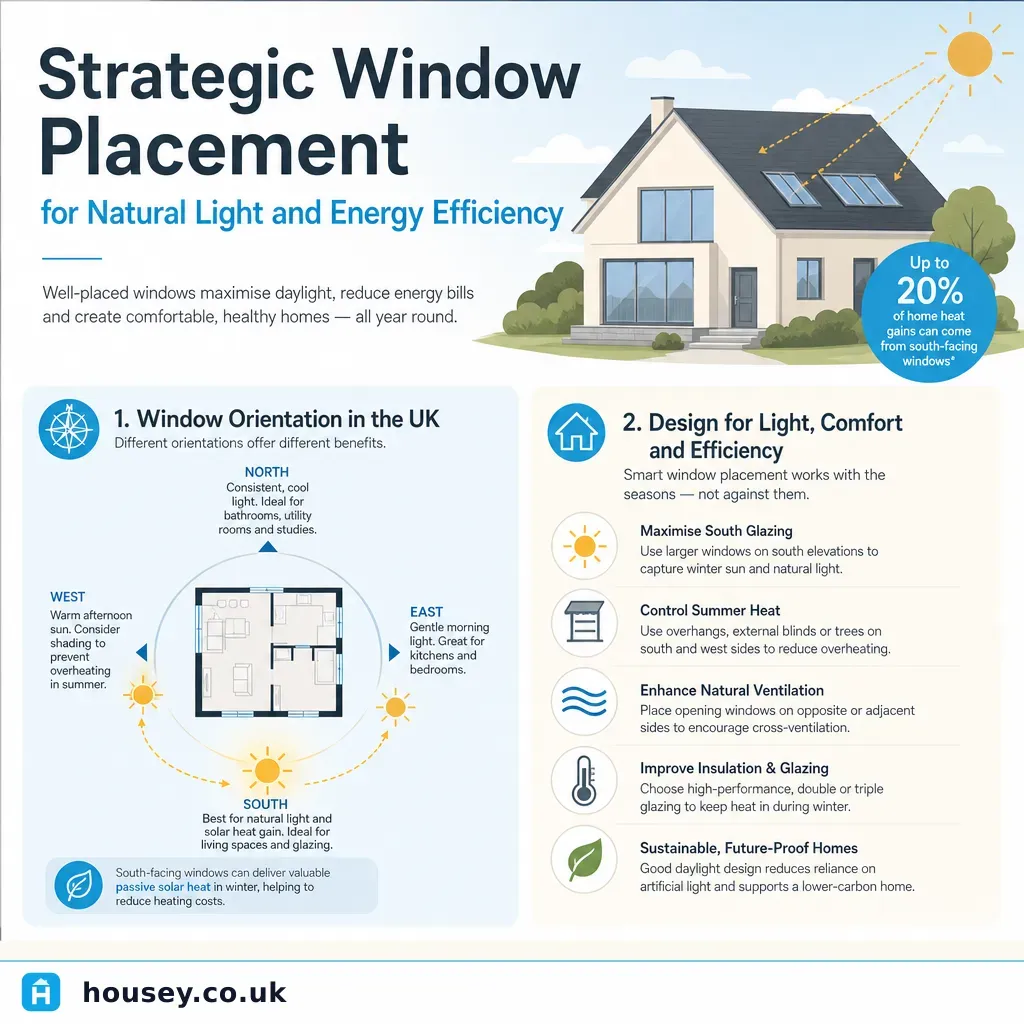 Infographic illustrating: Strategic Window Placement for Natural Light and Energy Efficiency