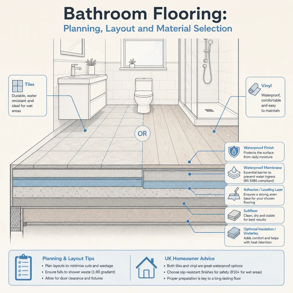 Diagram illustrating: Bathroom Flooring: Planning, Layout and Material Selection