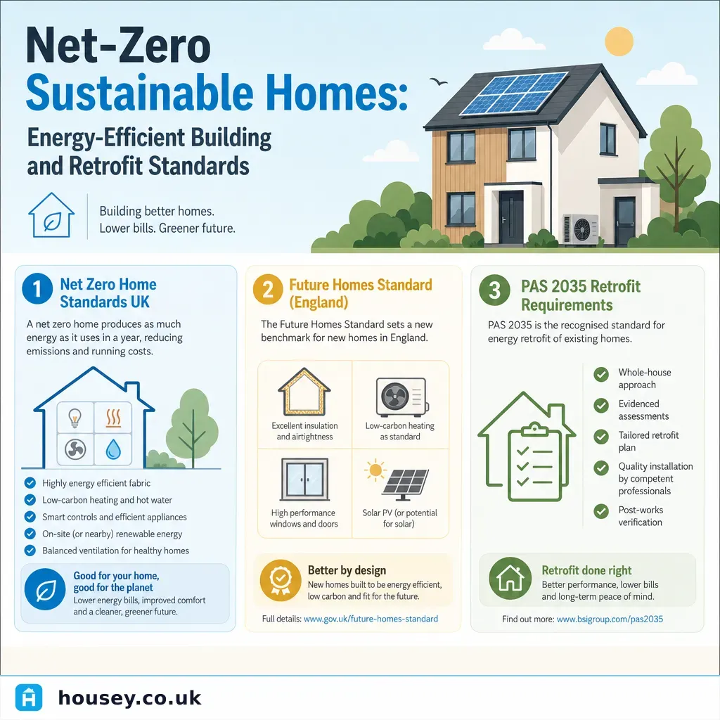 Infographic illustrating: Net-Zero Sustainable Homes: Energy-Efficient Building and Retrofit Standards