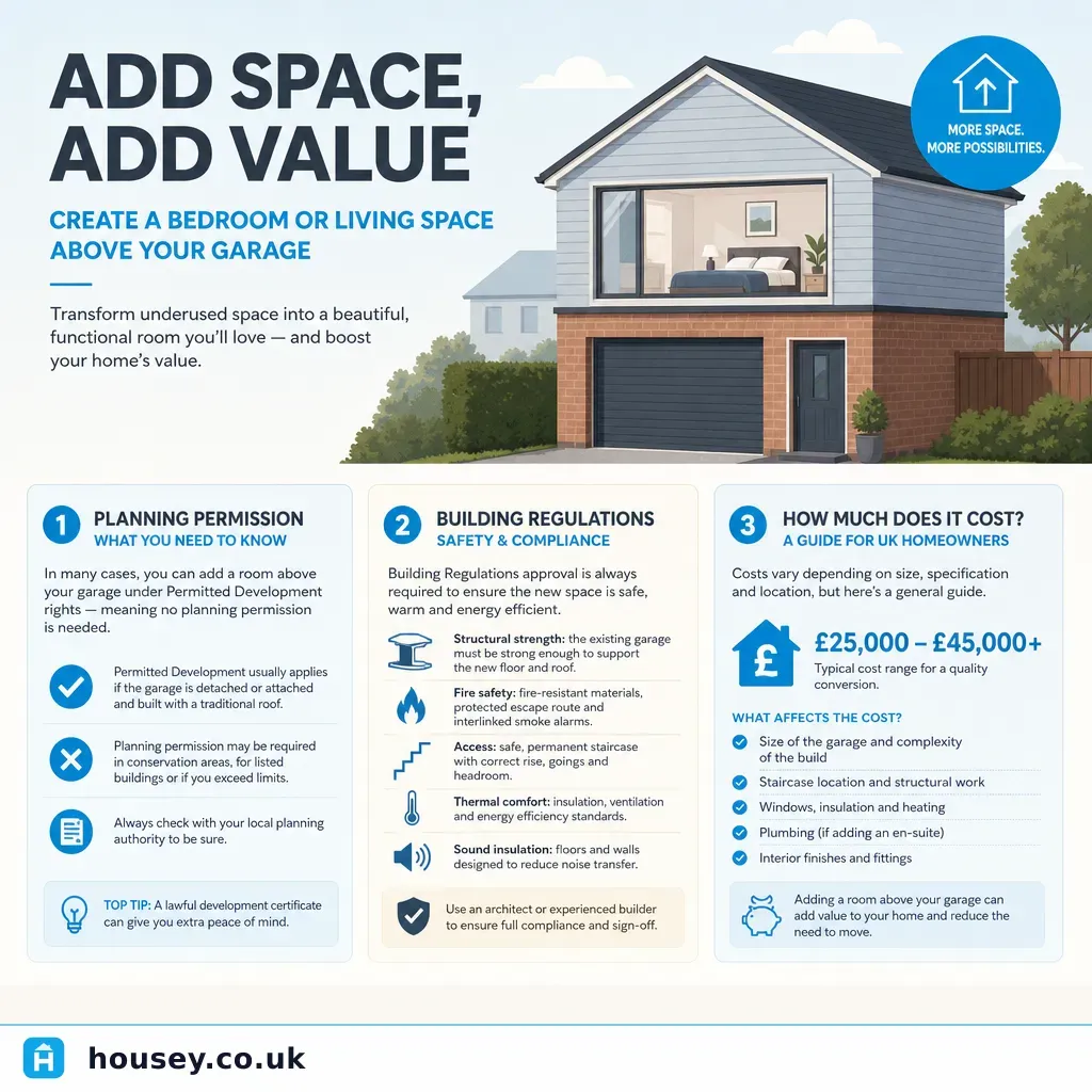 Infographic illustrating: Adding a bedroom or living space above an existing garage