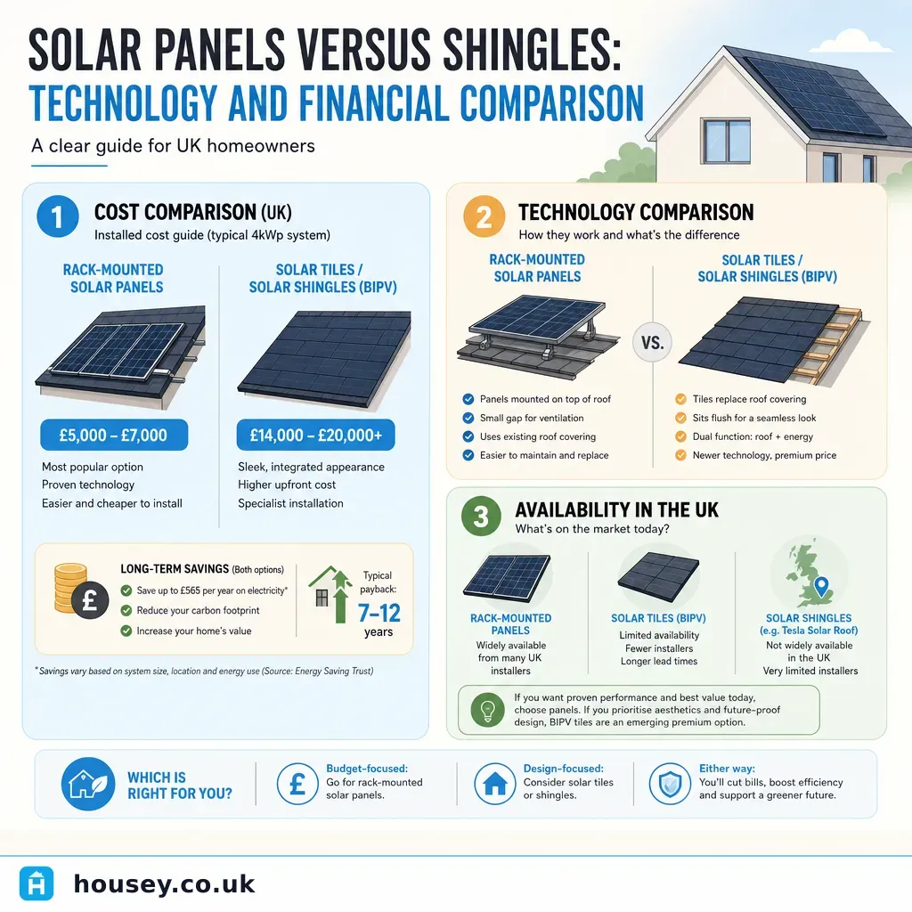 Infographic illustrating: Solar Panels Versus Shingles: Technology and Financial Comparison