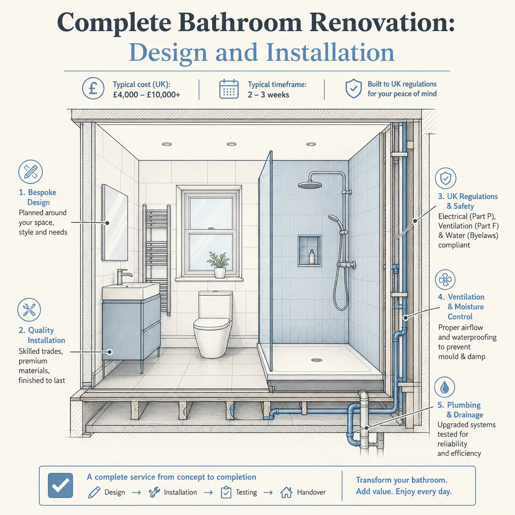 Diagram illustrating: Complete Bathroom Renovation: Design and Installation