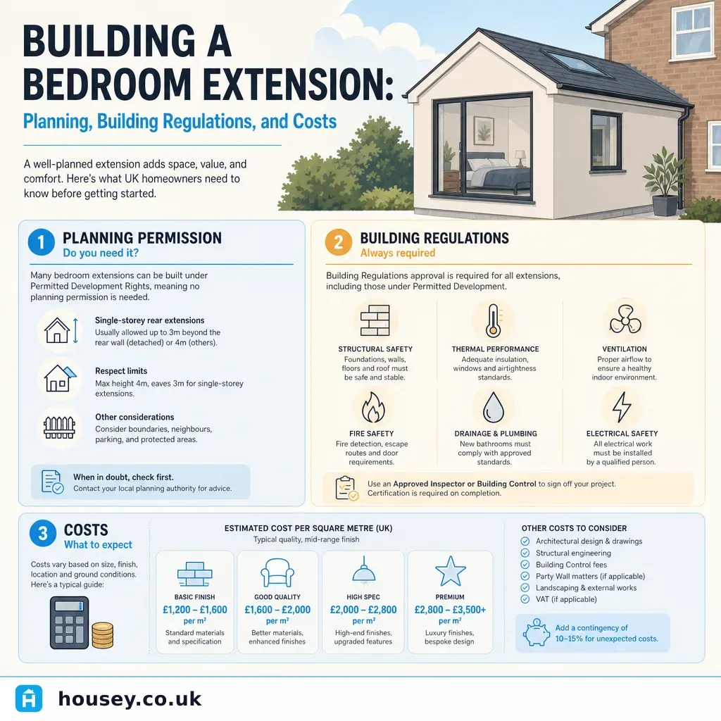 Infographic illustrating: Building a Bedroom Extension: Planning, Building Regulations, and Costs