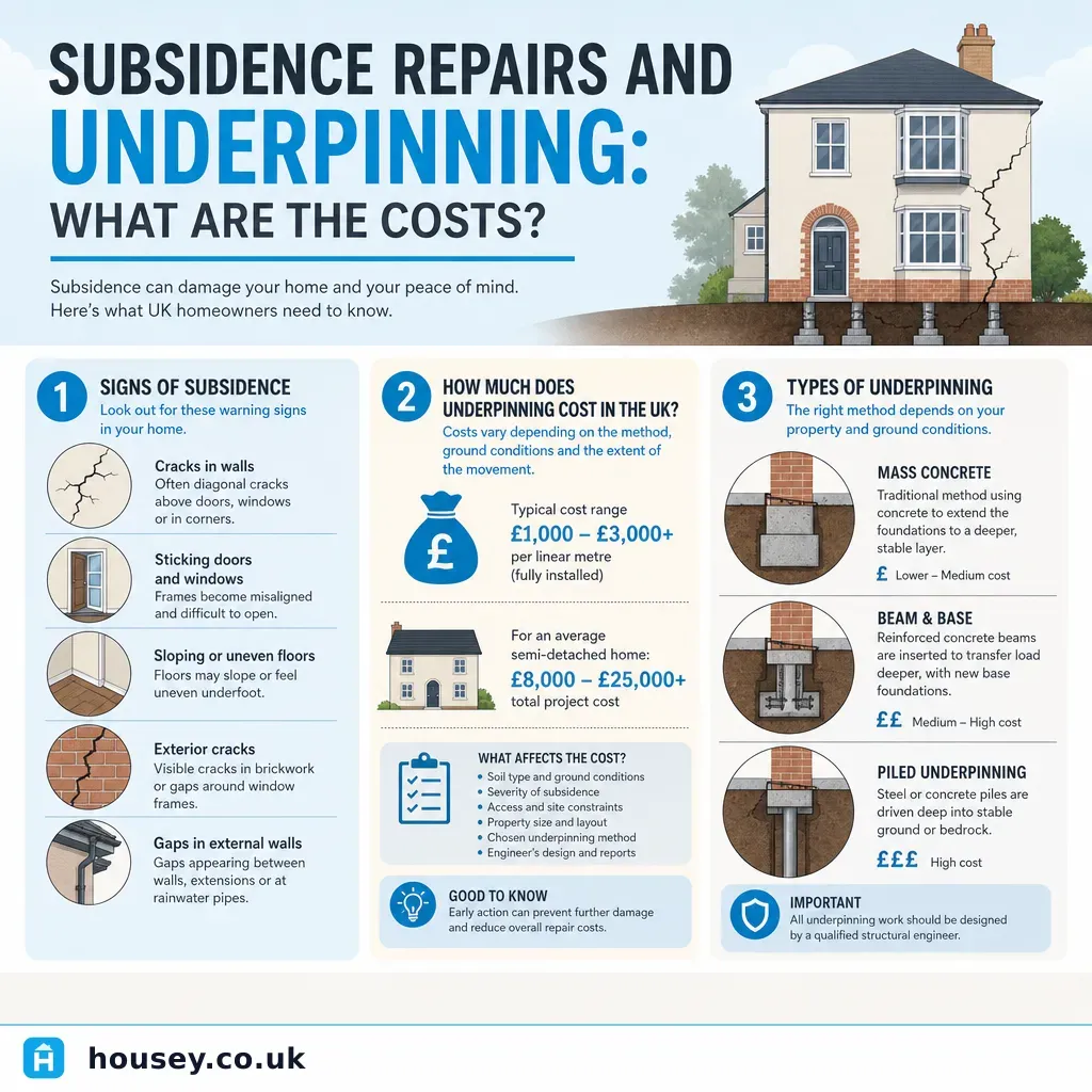 Infographic illustrating: Subsidence Repairs and Underpinning: What Are the Costs?