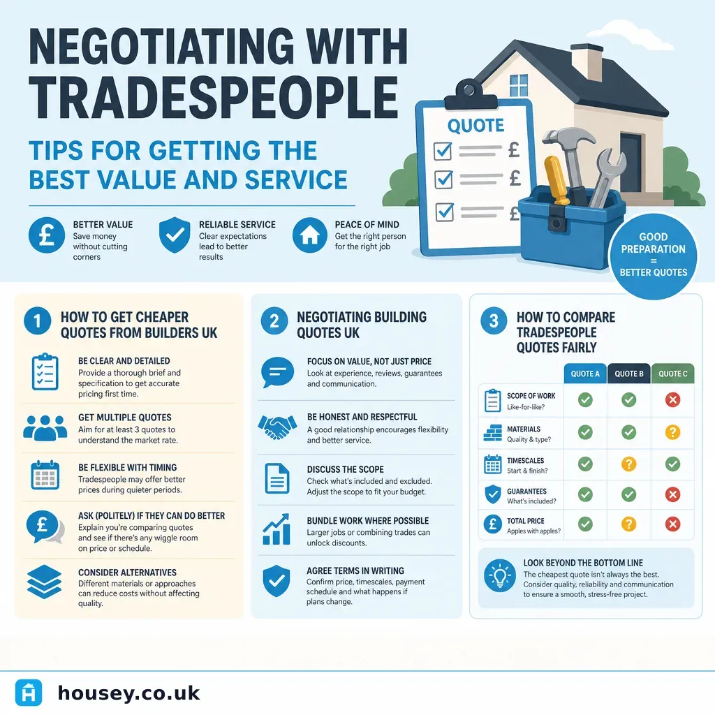 Infographic illustrating: Negotiating with Tradespeople: Tips for Getting the Best Value and Service