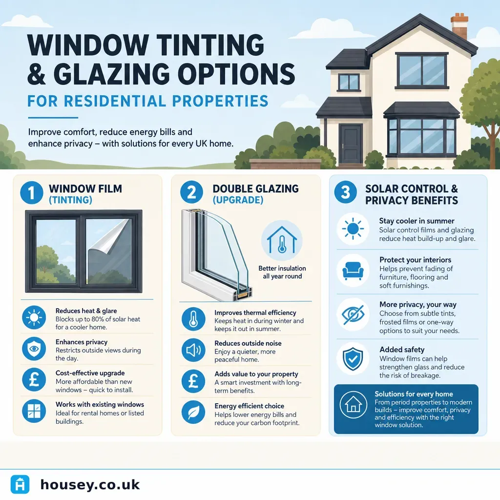Infographic illustrating: Window Tinting and Glazing Options for Residential Properties