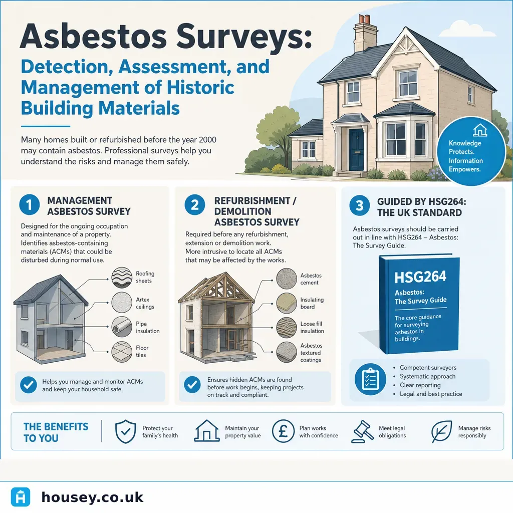 Infographic illustrating: Asbestos Surveys: Detection, Assessment, and Management of Historic Building Materials