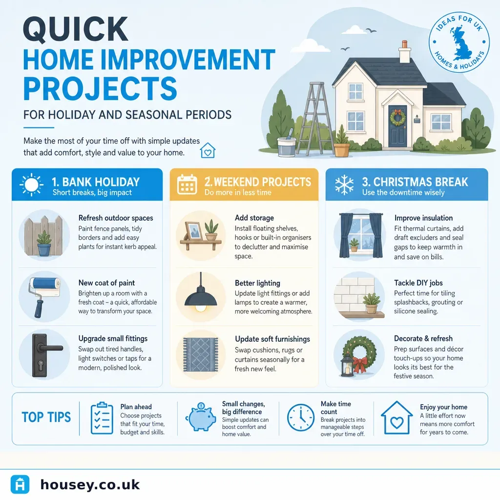 Infographic illustrating: Quick Home Improvement Projects for Holiday and Seasonal Periods